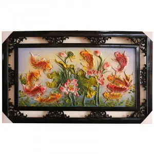 Tranh sứ Bát Tràng vẽ cửu ngư đồ cá chép hoa sen 95x55cm