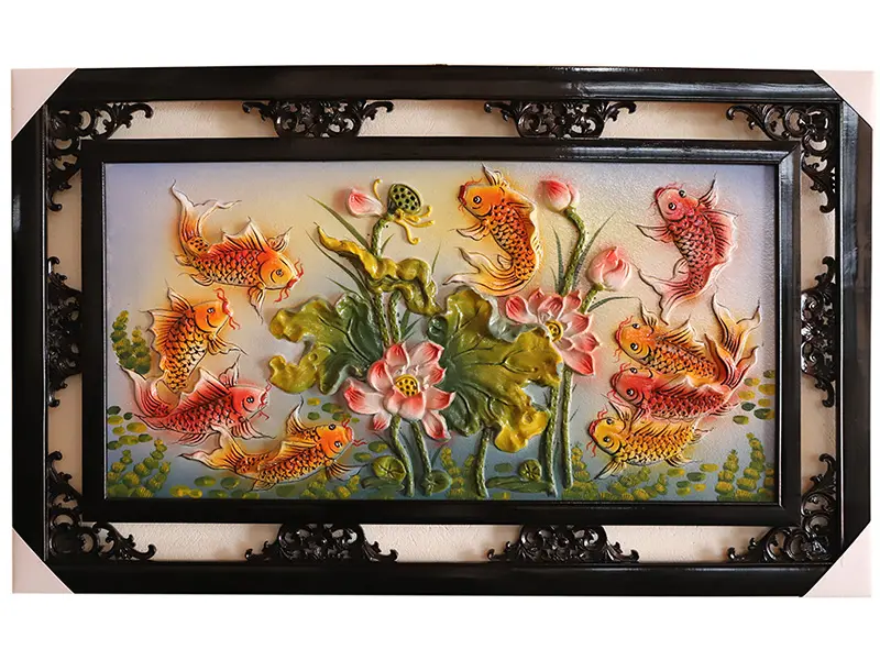 Tranh sứ Bát Tràng vẽ cửu ngư đồ cá chép hoa sen 95x55cm