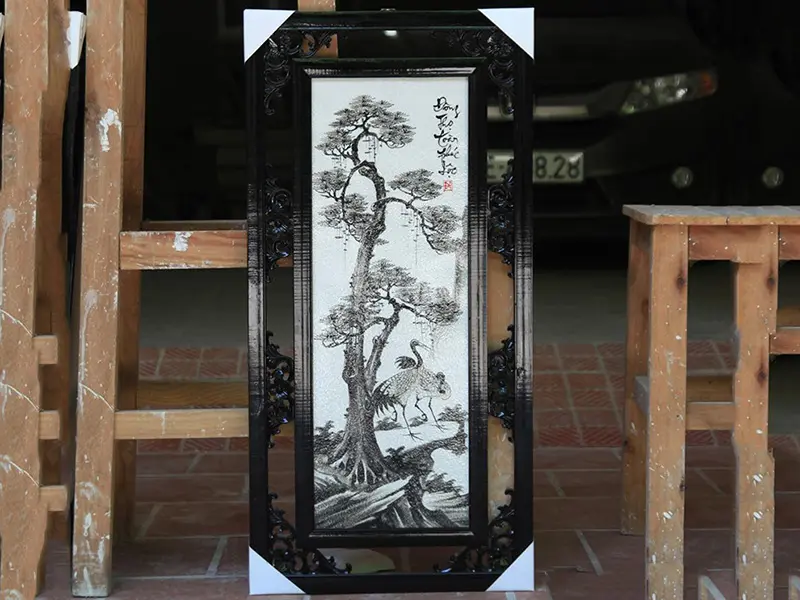 Tranh tứ quý Tùng Cúc Trúc Mai đen trắng 87x42cm