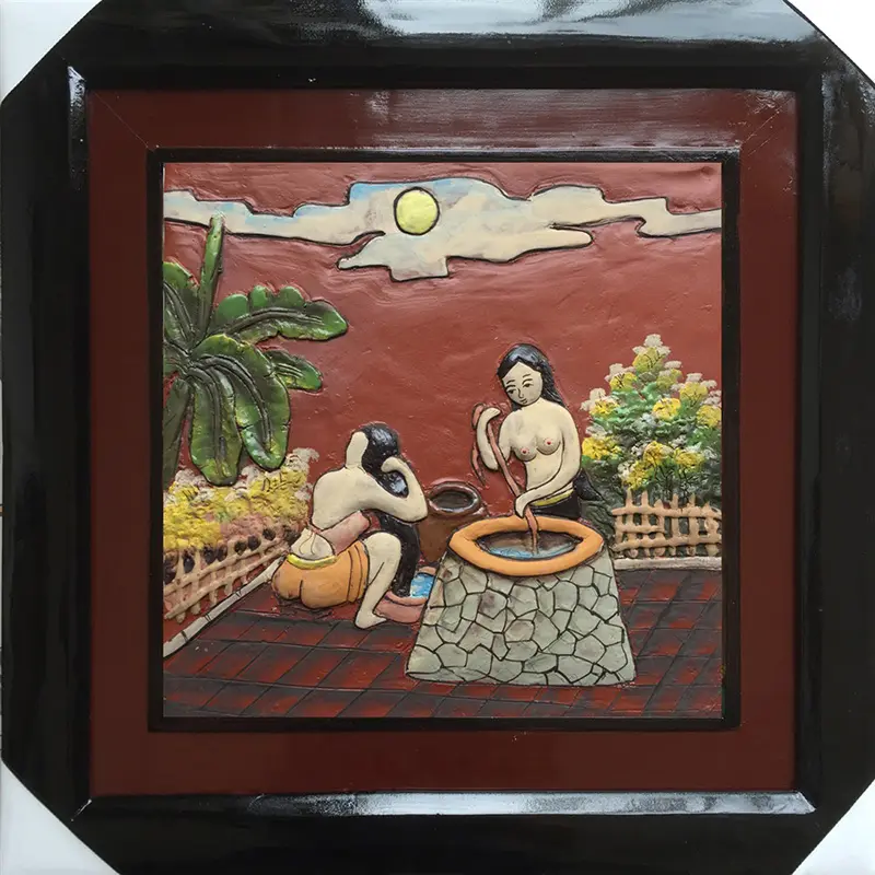 Tranh gốm Bát Tràng hai cô gái 02 50x50cm