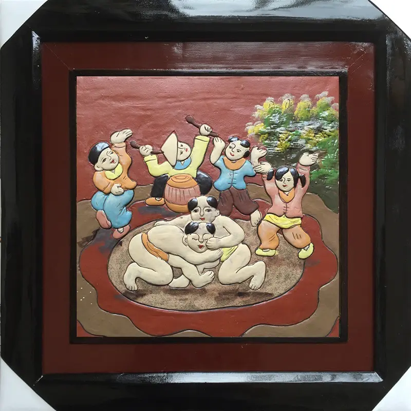 Tranh gốm lễ hội đấu vật 50x50cm