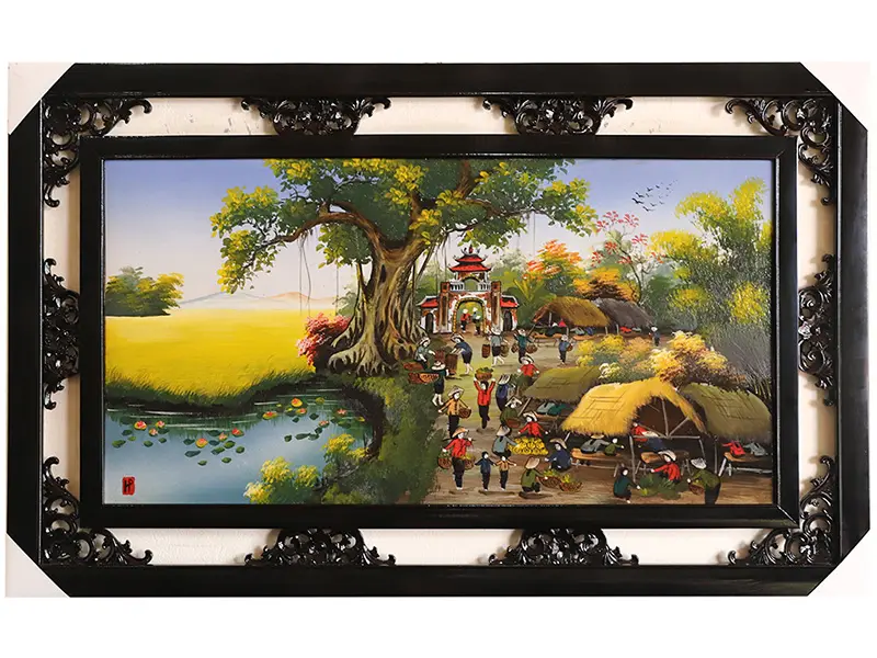 Tranh sứ Bát Tràng vẽ phiên chợ quê 3 95x55cm