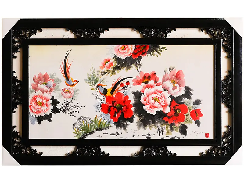 Tranh sứ Bát Tràng vẽ chim trĩ hoa phù dung 95x55cm