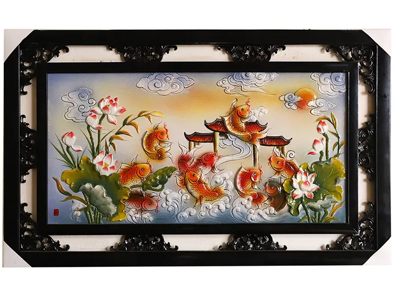 Tranh sứ cửu ngư quần hội 64cm x 98cm