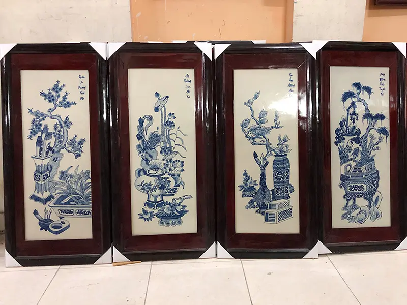 Tranh tứ quý cổ đồ men xanh 98x48cm