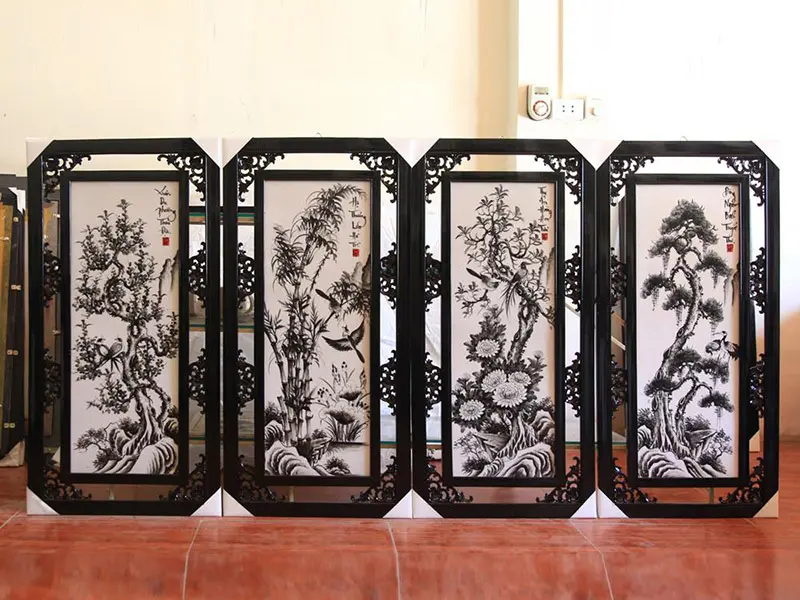 Tranh Tứ quý men đen trắng 50x100cm